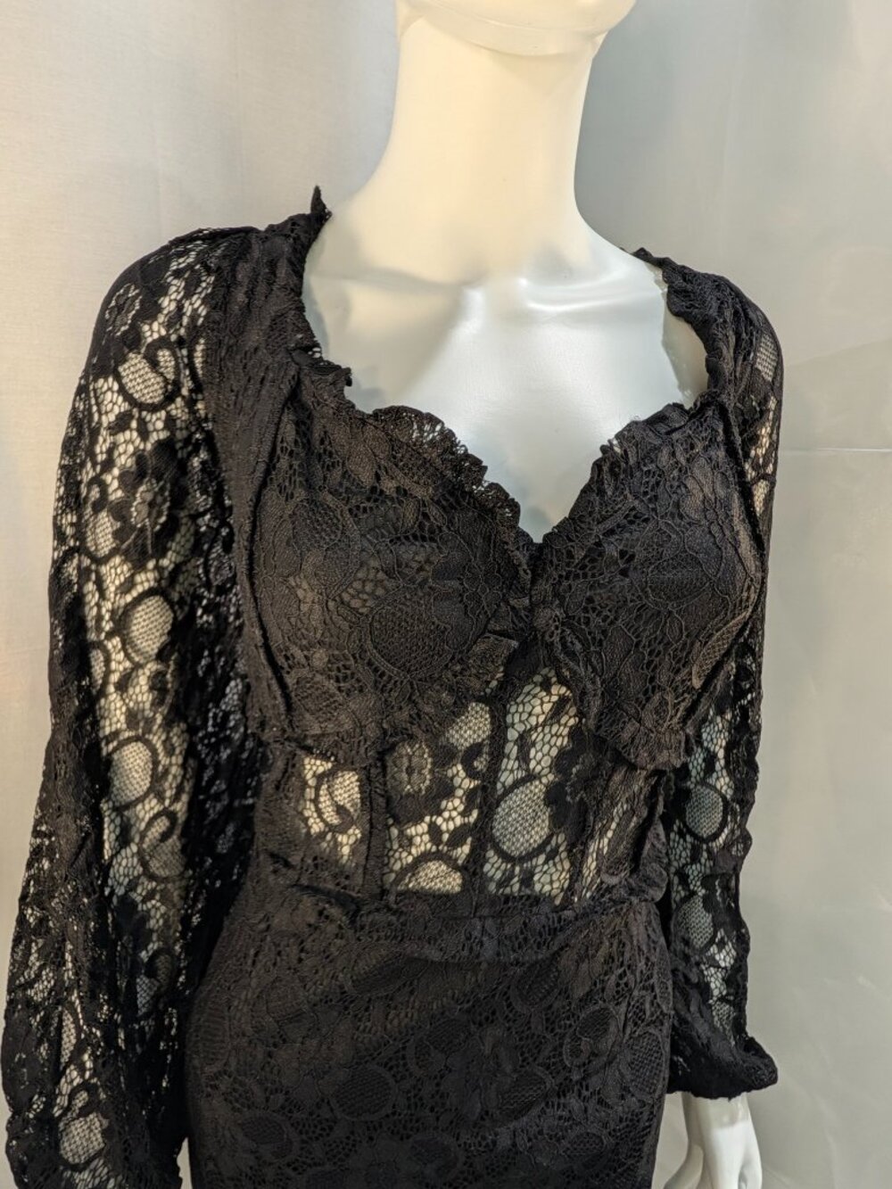 New York & Company Black Lace Dress XXL Sheer Midriff Long Sleeve Cocktail NWOT - Picture 7 of 16